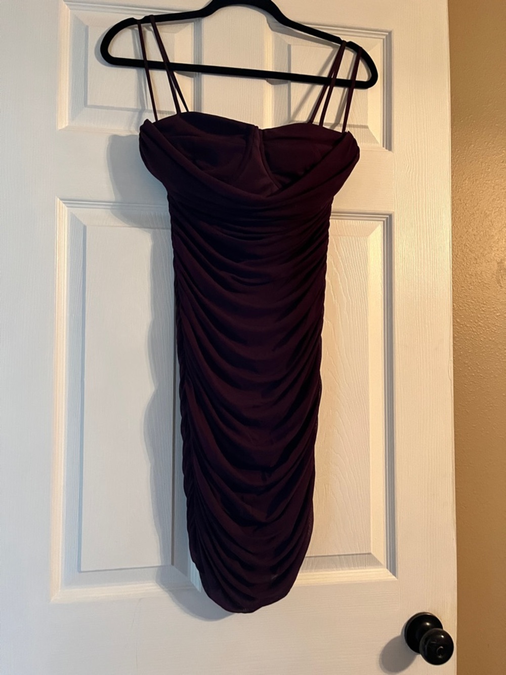 Windsor Plum Ruched Spaghetti-Strap Mini Dress